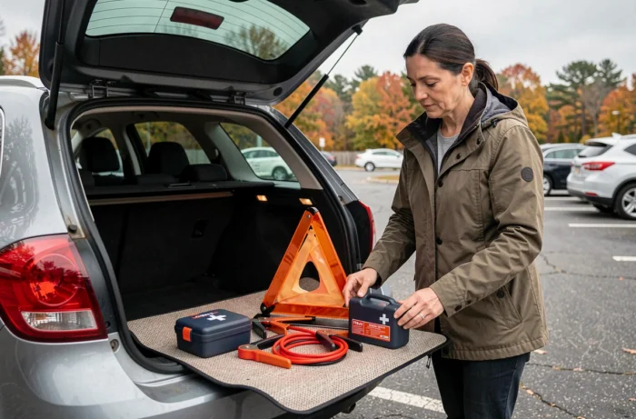 Femme organisant les accessoires de sécurité indispensables dans le coffre de sa voiture familiale