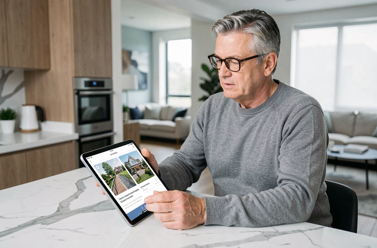 Acquéreur immobilier consultant une application de visite virtuelle 3D sur tablette depuis son appartement moderne