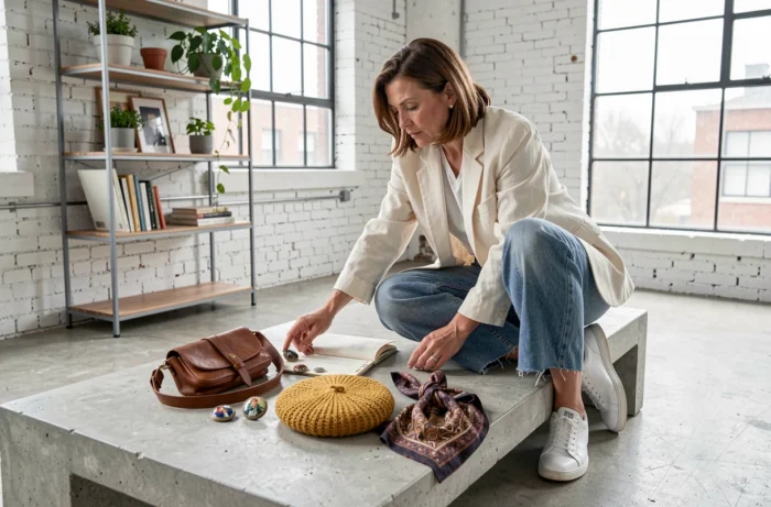 Femme dans la quarantaine composant un assortiment d'accessoires personnalisés uniques dans un loft contemporain, exprimant son identité à travers des pièces artisanales et vintage