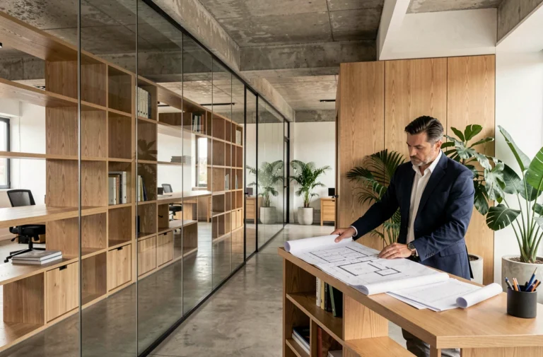 Designer masculin examinant des plans d'aménagement dans un bureau professionnel moderne avec mobilier sur mesure en bois et verre