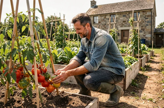 Agriculteur récoltant des tomates anciennes dans son potager fermier en plein air