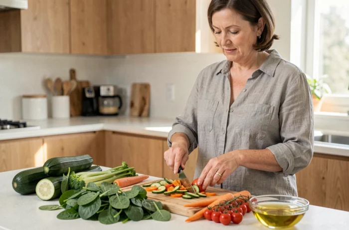 Femme préparant un repas équilibré riche en légumes frais dans une cuisine moderne, adapté à un régime sous cortisone