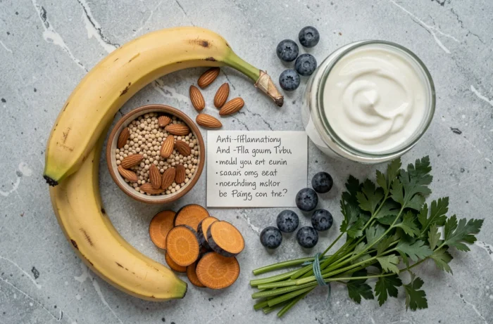 Sélection d'aliments riches en potassium et pauvres en sodium disposés en flat-lay, conseillés pour les personnes sous corticoïdes