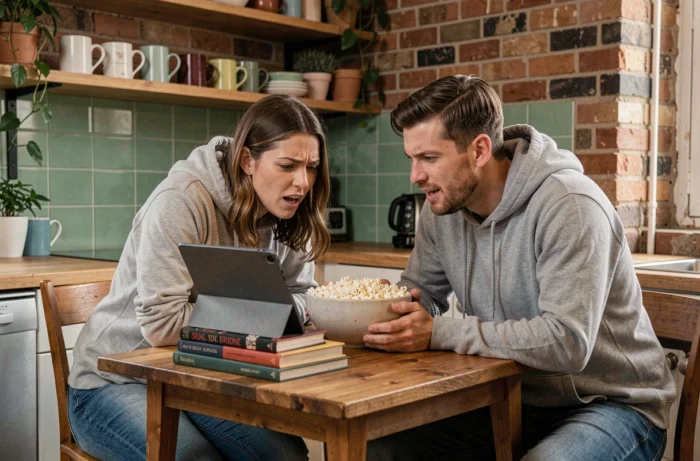 Deux amis regardant Game of Thrones en streaming sur une tablette dans une cuisine urbaine