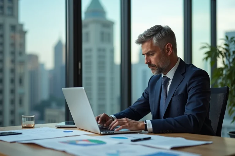 Homme d'affaires en costume analysant des graphiques d'investissement sur un ordinateur portable dans un bureau moderne avec vue sur la ville