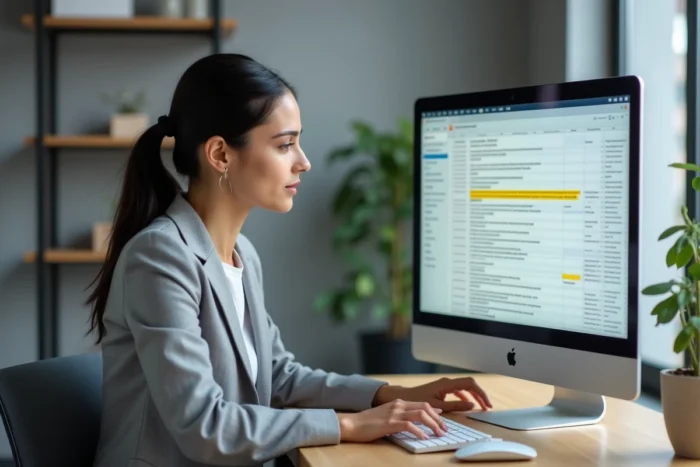 Femme professionnelle analysant des mots-clés longue traîne sur un écran d'ordinateur dans un bureau moderne