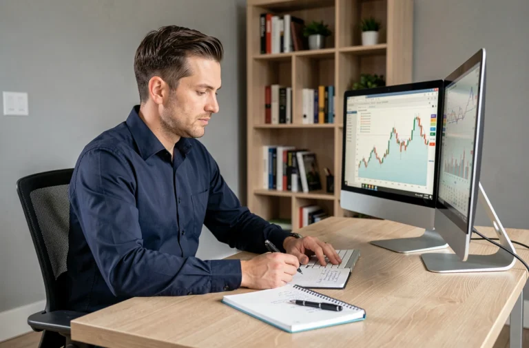 Homme analysant une plateforme d'investissement en ligne sur double écran dans un bureau moderne