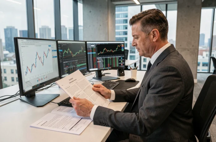 Analyste financier en costume consultant des rapports boursiers dans un bureau moderne avec écrans de données financières