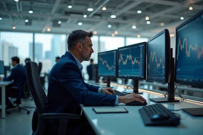 Analyste financier étudiant les graphiques boursiers d'Airbus sur plusieurs écrans dans une salle de trading moderne à Paris