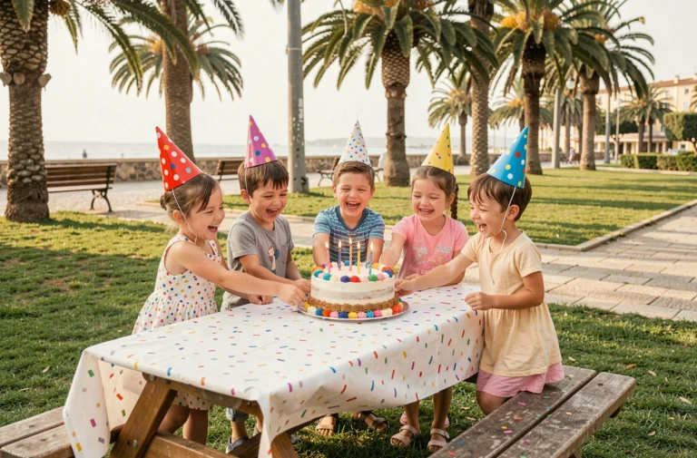Groupe d'enfants joyeux autour d'un gâteau d'anniversaire coloré dans un parc de Nice