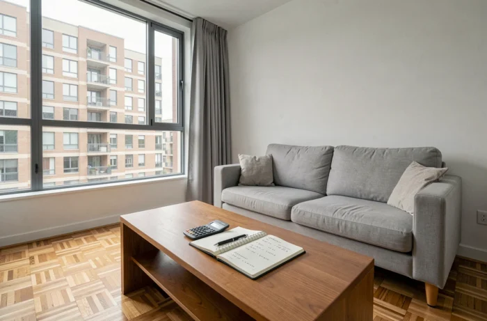 Appartement meublé moderne avec notes de calcul d'amortissement LMNP sur la table basse