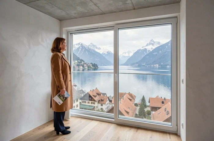 Femme contemplant la vue panoramique d'un appartement neuf à vendre au bord d'un lac suisse