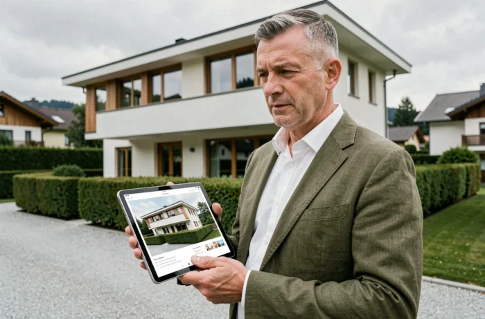 Architecte suisse évaluant une propriété résidentielle moderne avec une tablette affichant un plan 3D