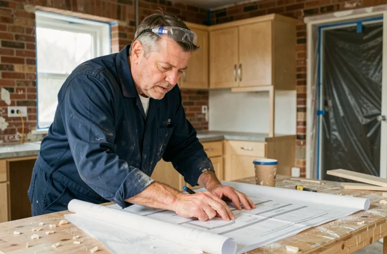 Artisan qualifié examinant des plans de rénovation dans une cuisine en cours de travaux