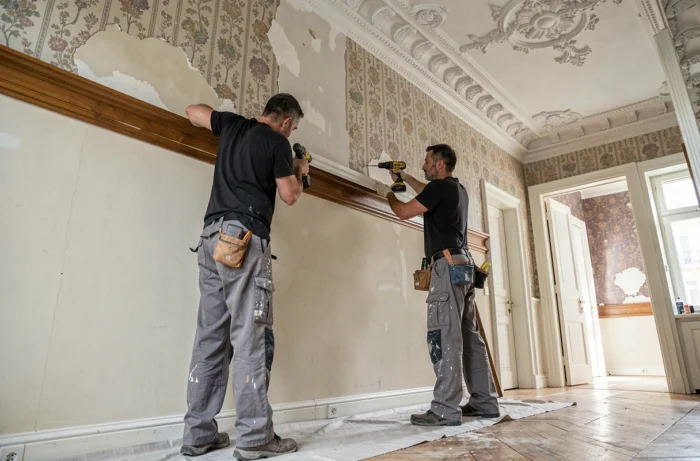 Deux artisans posant une moulure en bois dans un appartement haussmannien en rénovation