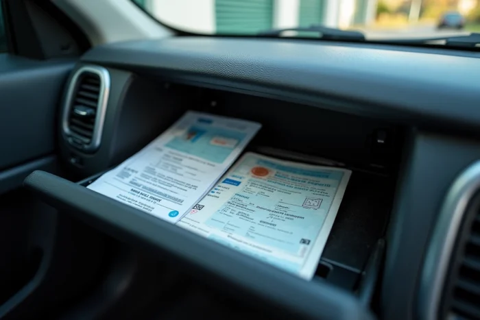 Compartiment à gants d'une voiture avec carte grise et permis de conduire français visibles