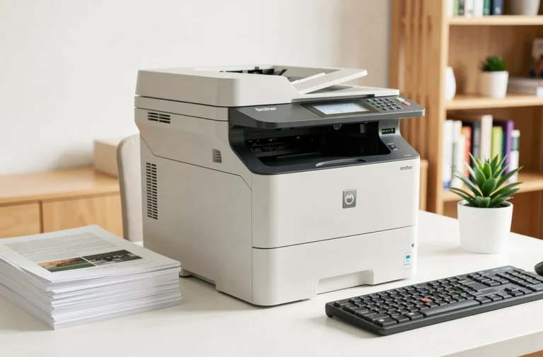 Imprimante multifonction Brother MFC-L3770CDW posée sur un bureau de bureau moderne avec des documents imprimés