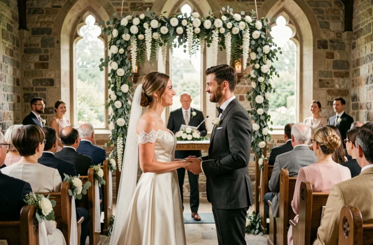 Couple de mariés se tenant la main devant l'autel d'une chapelle en pierre décorée de fleurs blanches et guirlandes d'eucalyptus lors d'une cérémonie de mariage élégante