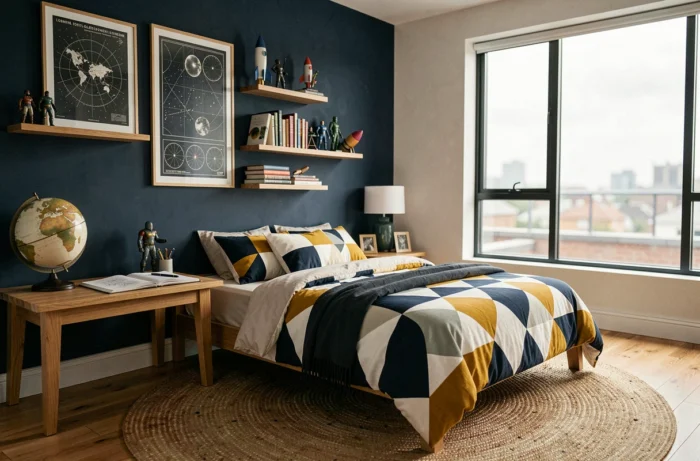 Chambre de garçon moderne décorée sur le thème de l'espace avec mur bleu marine, étagères en bois et parquet chêne
