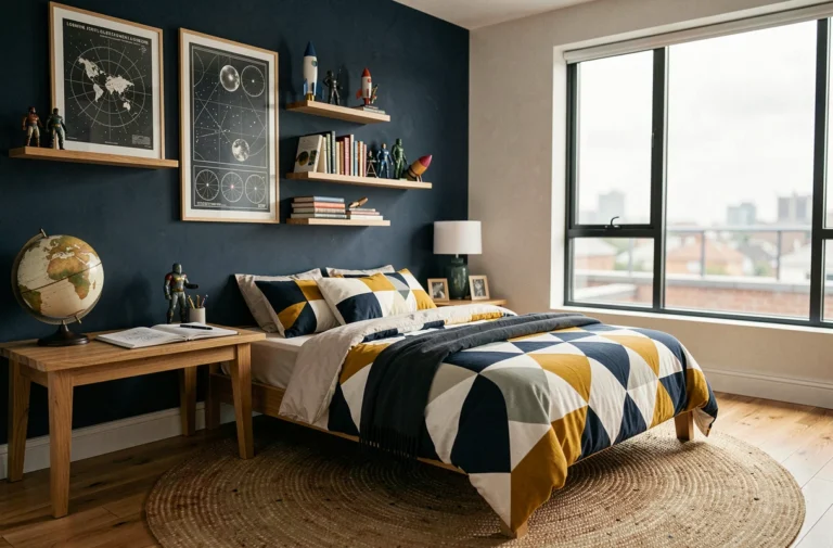 Chambre de garçon moderne décorée sur le thème de l'espace avec mur bleu marine, étagères en bois et parquet chêne