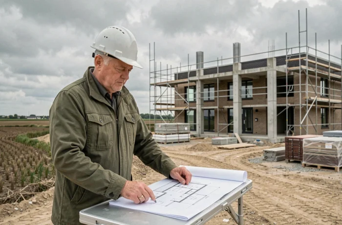 Promoteur immobilier en Flandre examinant des plans architecturaux sur un chantier de construction résidentielle