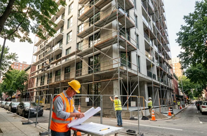Chantier de construction d'un immeuble résidentiel urbain avec des ouvriers consultant des plans, illustrant un projet d'investissement immobilier collectif