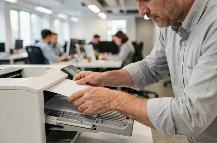 Homme chargeant du papier dans le bac d'alimentation de l'imprimante Brother MFC-L3770CDW au bureau