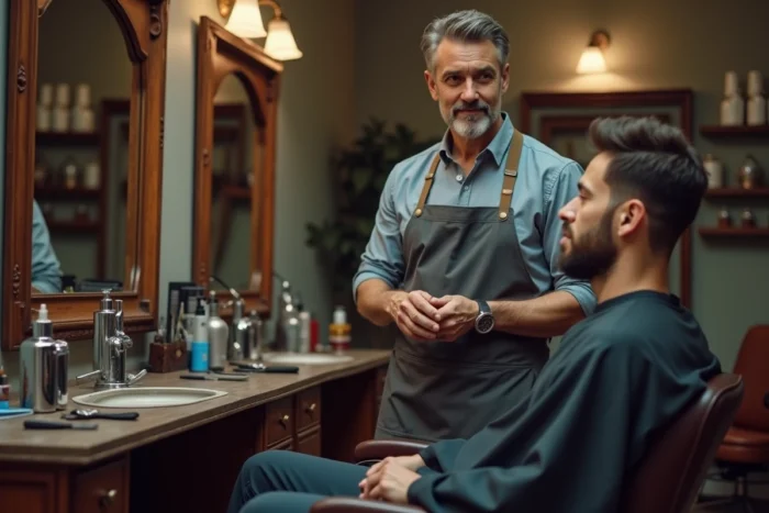 Coiffeur masculin discutant calmement avec un client assis dans le fauteuil de coiffage, illustrant une situation de refus de prestation dans un salon professionnel