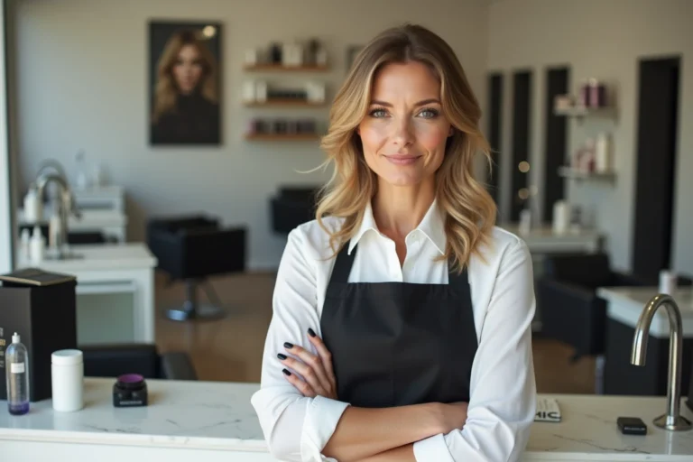 Coiffeuse professionnelle derrière le comptoir d'accueil d'un salon, adoptant une posture ferme et composée face à une situation délicate avec un client