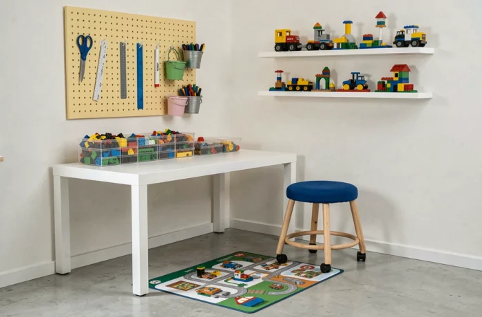 Coin créatif dans une chambre de garçon moderne avec table LEGO, pegboard jaune et rangements en acrylique transparent