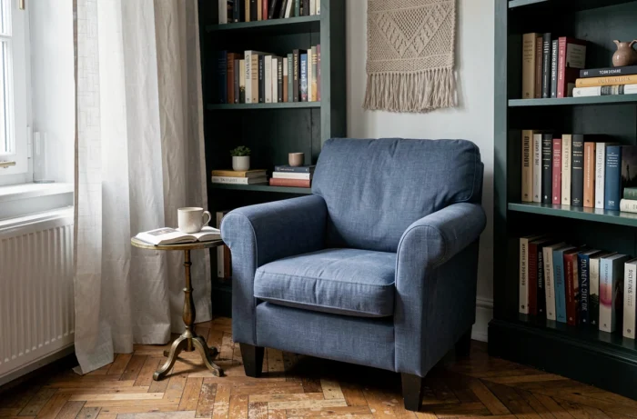Coin lecture cosy dans une chambre avec fauteuil en lin, bibliothèque verte et parquet ancien
