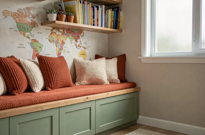 Coin lecture cosy dans une chambre de garçon avec banquette en bois, coussins colorés et carte du monde murale peinte