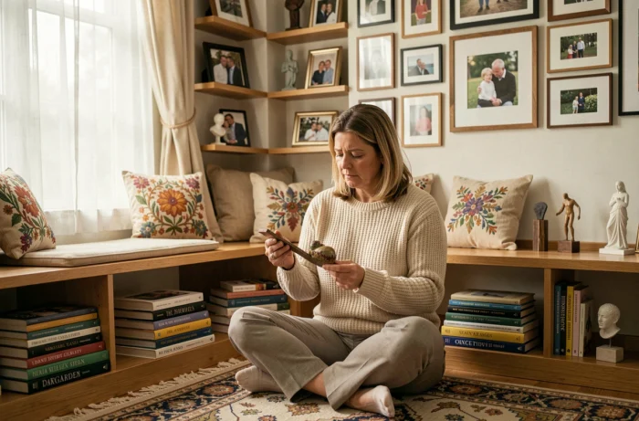 Femme assise dans un coin lecture personnalisé entouré de livres d'art, de photos de famille et d'objets décoratifs soigneusement choisis