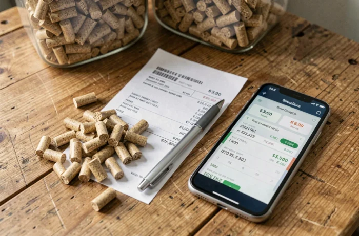 Gros plan sur des pellets en bois, une facture et un comparateur de prix sur smartphone pour la gestion du budget chauffage