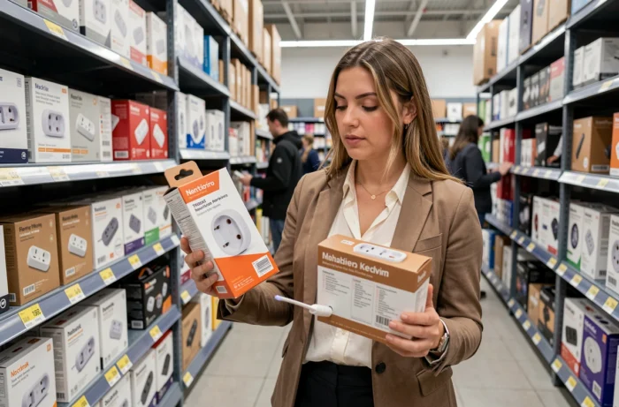 Femme comparant deux modèles de pieuvres électriques dans un magasin de bricolage