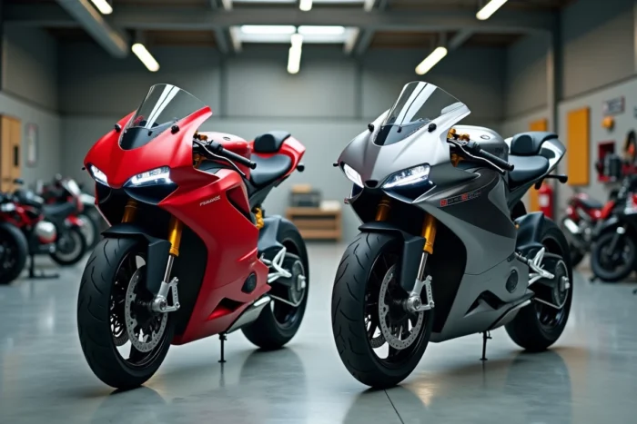 Comparatif de deux motos sportives haute performance garées côte à côte dans un garage professionnel, vue grand angle mettant en avant les détails techniques