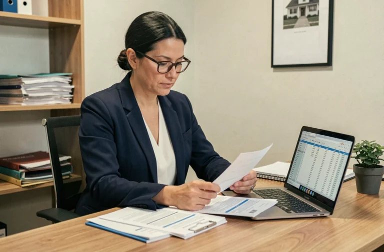 Femme comptable analysant des documents d'amortissement LMNP sur un bureau professionnel