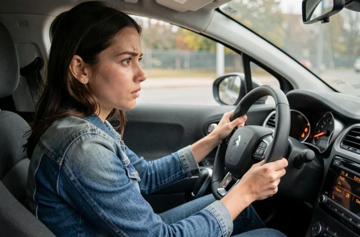 Conductrice d'une Citroën C3 regardant un voyant allumé sur le tableau de bord avec une expression préoccupée