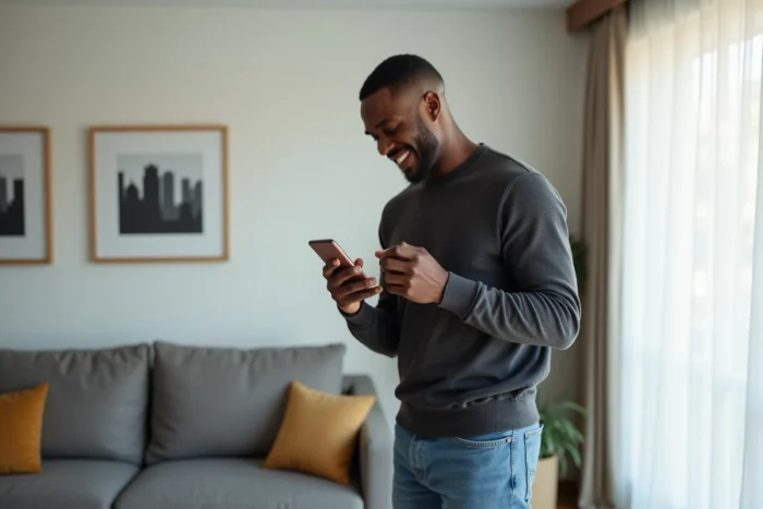 Homme consultant une confirmation de transfert d'argent international sur son smartphone