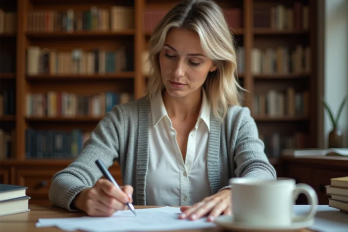 Femme relisant attentivement une lettre manuscrite à un bureau en bois entouré de dictionnaires et livres de grammaire française
