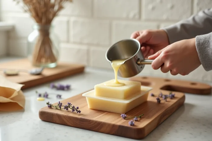 Versement de savon fondu dans un moule en silicone rectangulaire avec des fleurs de lavande séchées, étape finale du remoulage de savon artisanal à la maison