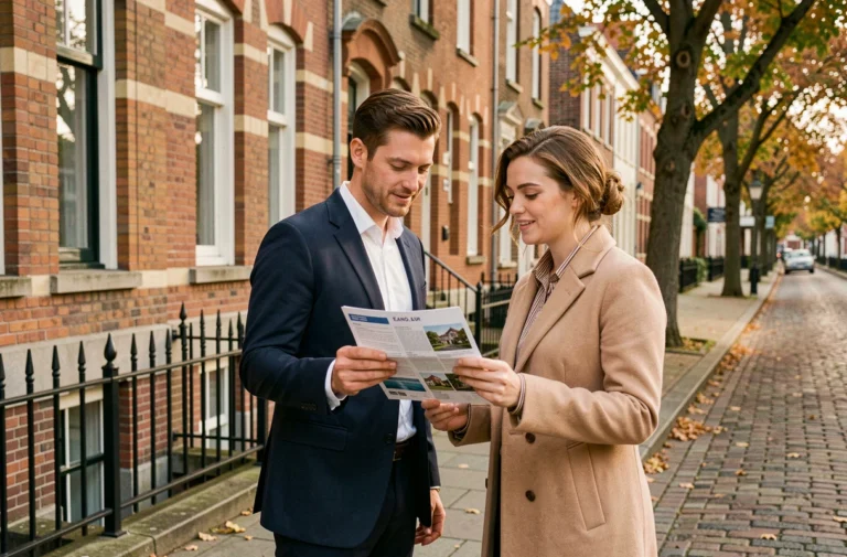 Couple belge devant une maison de rangée en briques rouges à Bruxelles examinant des annonces immobilières