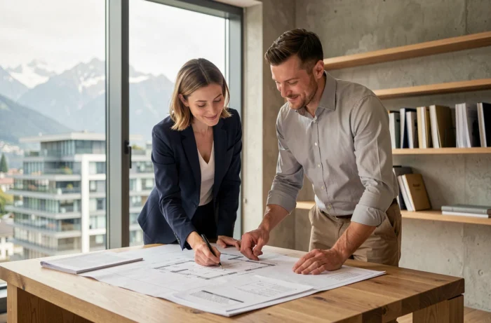 Couple consultant des plans immobiliers dans une agence moderne en Suisse avec vue sur les Alpes