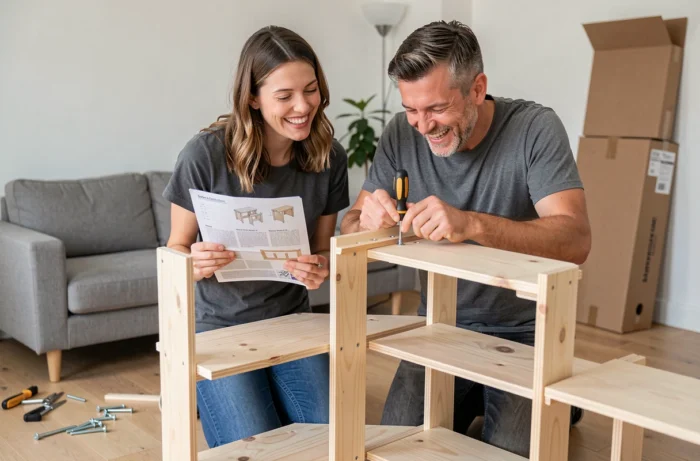 Couple assemblant un meuble en bois en kit dans un salon scandinave moderne avec instructions et visserie au sol