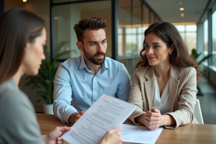 Couple en réunion avec un conseiller bancaire pour obtenir un crédit immobilier adapté à leur projet