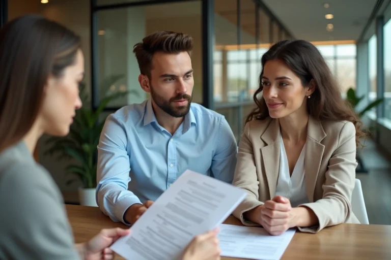 Couple en réunion avec un conseiller bancaire pour obtenir un crédit immobilier adapté à leur projet