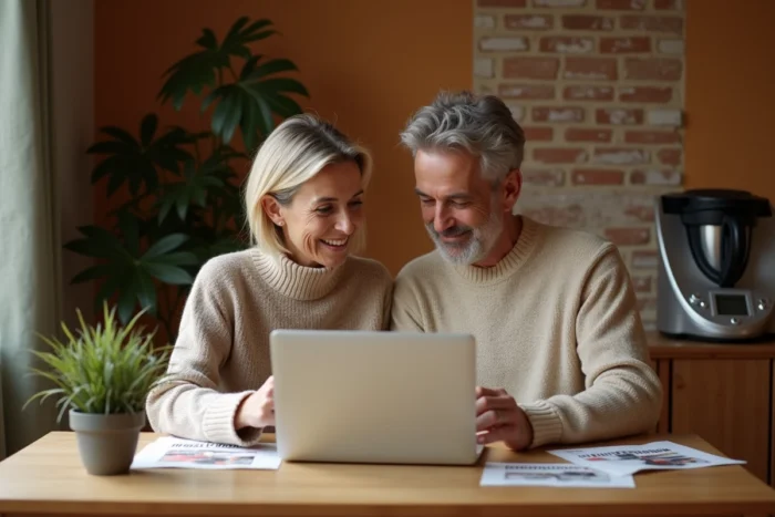 Couple étudiant les offres et promotions Thermomix autour d'une table avec des prospectus et un ordinateur portable