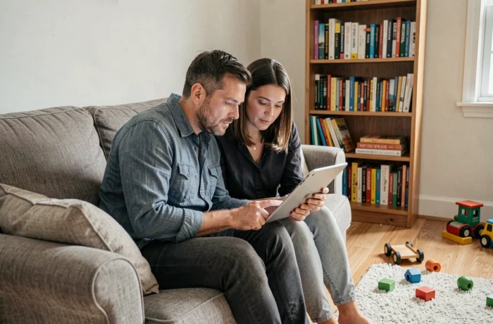 Couple de parents consultant ensemble un outil de coaching parental numérique sur une tablette dans leur salon