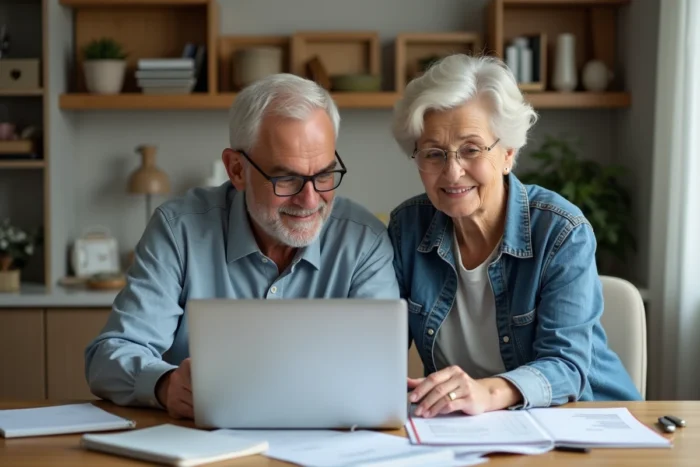 Couple planifiant leur budget d'aide à domicile avec des chèques CESU préfinancés devant un ordinateur
