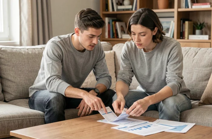 Couple planifiant ensemble leurs finances personnelles avec des documents et des reçus sur une table basse dans un salon